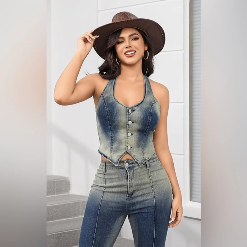 Stylish Halter top 2 piece Denim blue Jean pant set - Picture 4 of 5